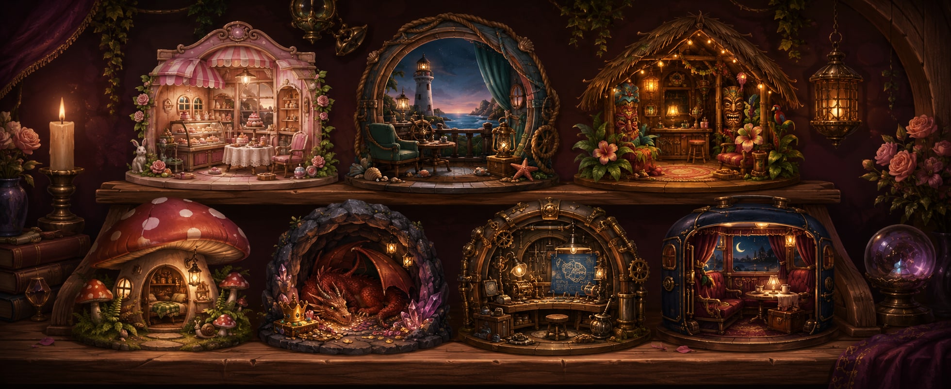 Miniature Starlight Secrets chapter worlds arranged on a candlelit shelf