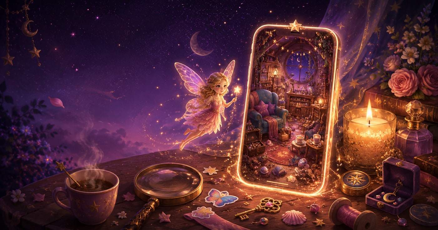 A candlelit desk with a phone showing a cozy hidden object scene